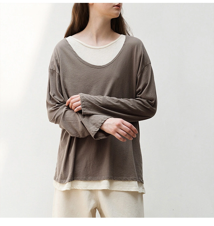 OEM Customized 2023 New High Quality Two-Piece Contrast Color Long-Sleeved Casual Round Neck Pullover T-Shirt/T-Shirts/T Shirt/Clothing/Garment/Apparel/Clthes